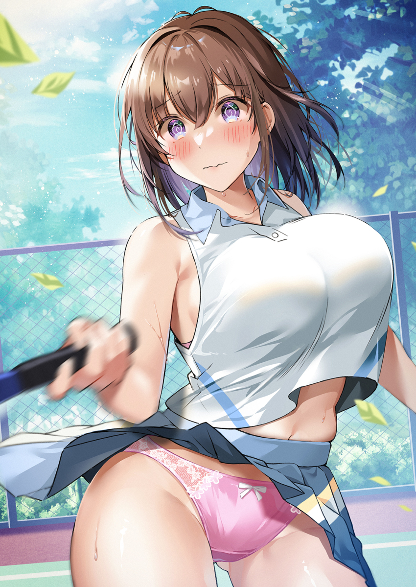 1girl, @_@, ball, blush, bouncing_breasts, breasts, brown_hair, clothes_lift, hair_between_eyes, hawawa-chan_(sirokuma_shake), highres, holding, holding_racket, large_breasts, medium_hair, original, panties, purple_eyes, racket, shirt, sirokuma_shake, skirt, skirt_lift, sleeveless, solo, sportswear, tennis, tennis_ball, tennis_net, tennis_racket, tennis_skirt, tennis_uniform, two-tone_skirt, underwear, white_shirt
