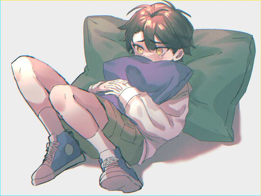 1boy, aged_down, black_hair, blue_shoes, brown_hair, brown_shorts, commentary_request, covered_mouth, double-parted_bangs, full_body, gradient_hair, grey_shoes, head_on_pillow, highres, holding, holding_pillow, hood, hood_down, hoodie, hugging_object, kagerou_project, long_sleeves, looking_away, male_focus, mekakucity_actors, mokemoke_chan, multicolored_hair, multicolored_shoes, own_hands_together, pillow, pocket, reclining, seto_kousuke, shoelaces, shoes, short_hair, shorts, sneakers, socks, solo, tsurime, two-tone_shoes, white_hoodie, white_socks, yellow_eyes