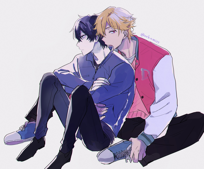 2boys, artist_name, bags_under_eyes, black_hair, black_pants, blonde_hair, blue_shirt, buddy_daddies
