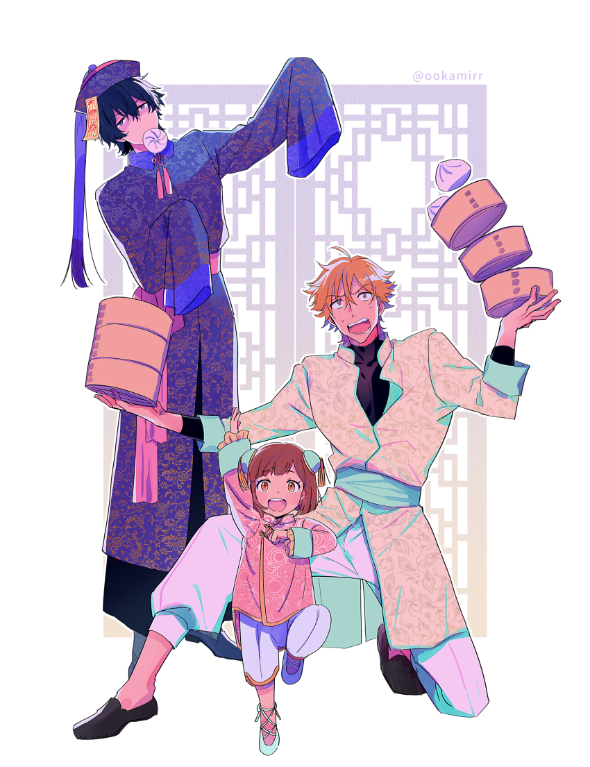 1girl, 2boys, :d, absurdres, aqua_shoes, arm_up, artist_name, balancing