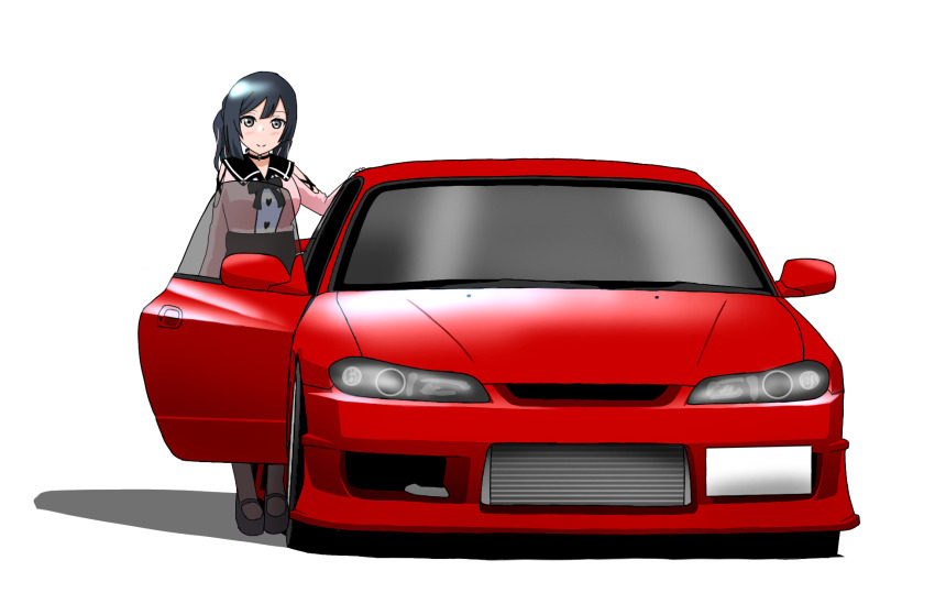 1girl, black_choker, black_eyes, black_hair, black_pantyhose, black_shoes, black_skirt, breasts