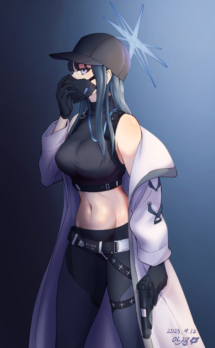 1girl, absurdres, anjjun, bare_shoulders, baseball_cap, black_background, black_gloves, black_hat, black_pants, black_shirt, blue_archive, blue_background, blue_eyes, blue_hair, breasts, coat, commentary_request, cowboy_shot, crop_top, gloves, gradient_background, gun, hand_up, handgun, hat, highres, holding, holding_gun, holding_weapon, large_breasts, leggings, long_hair, long_sleeves, looking_at_viewer, mask, midriff, mouth_mask, navel, off_shoulder, open_clothes, open_coat, pants, saori_(blue_archive), shirt, solo, stomach, thighs, weapon, white_coat
