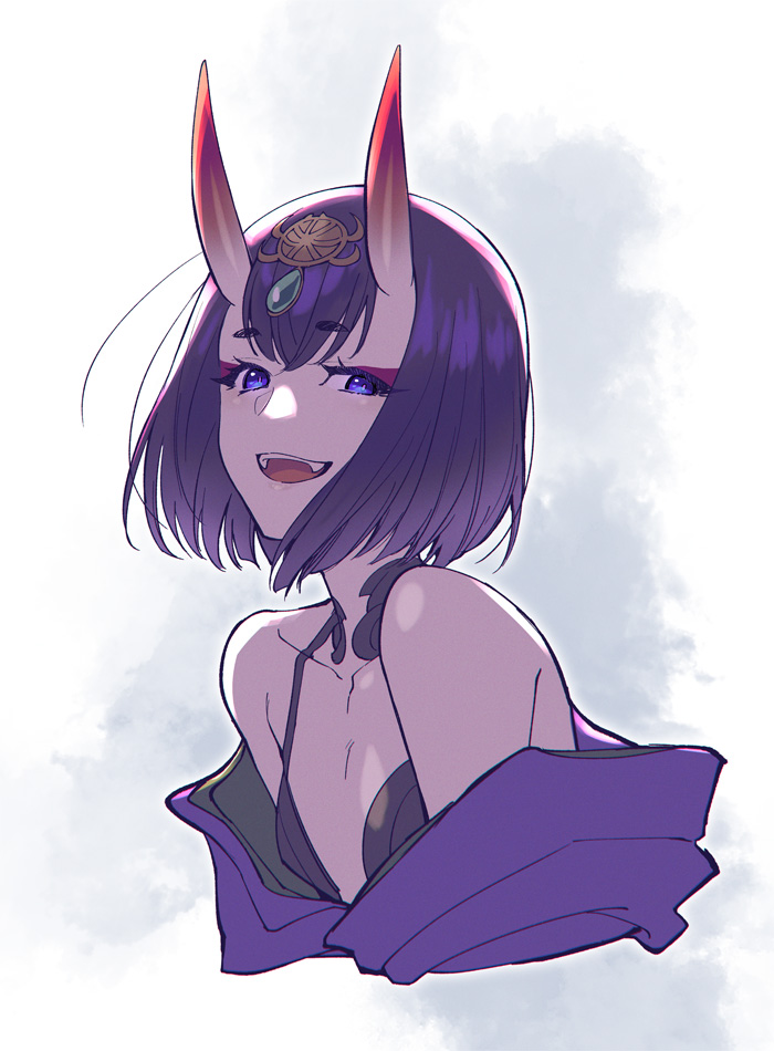 1girl, bob_cut, breasts, cleavage, collarbone, eyeliner, fate/grand_order, fate_(series), headpiece, horns, japanese_clothes, kimono, looking_at_viewer, makeup, off_shoulder, open_mouth, purple_eyes, purple_kimono, revealing_clothes, short_eyebrows, shuten_douji_(fate), skin-covered_horns, small_breasts, smile, solo, teeth, upper_body, upper_teeth_only, white_background, zanshi