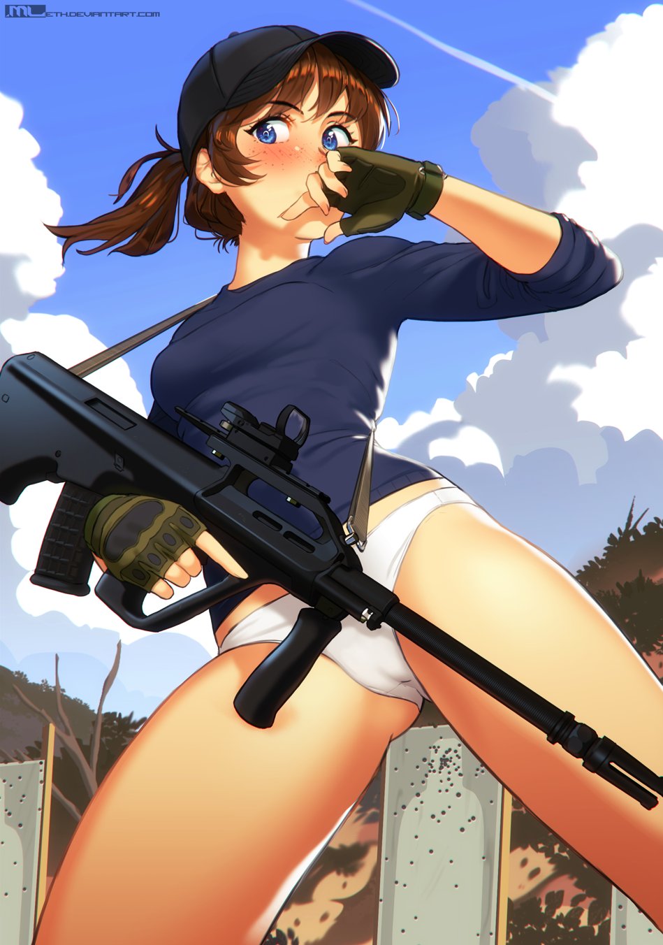 1girl, assault_rifle, averting_eyes, baseball_cap, black_hat, blue_eyes, blue_shirt, blue_sky
