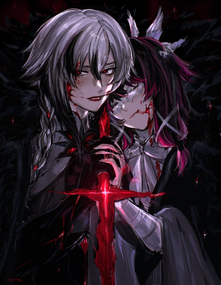 2girls, absurdres, arlecchino_(genshin_impact), artist_name, bandaged_arm, bandages, black_background, black_coat