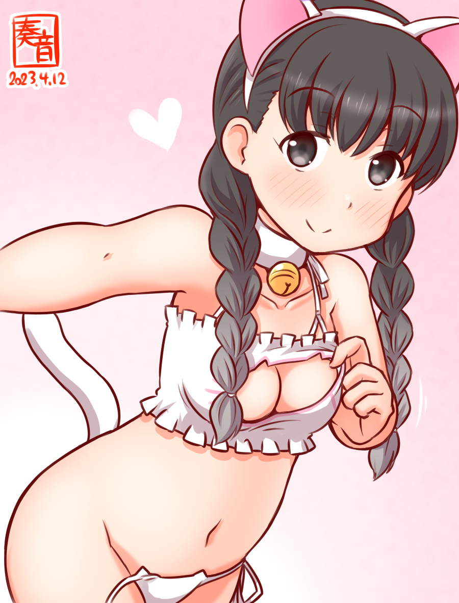 1girl, animal_ears, artist_logo, bell, black_eyes, black_hair, bra, braid, breasts, cat_cutout, cat_ear_panties, cat_ears, cat_lingerie, cat_tail, cleavage, cleavage_cutout, clothing_cutout, cowboy_shot, dated, frilled_bra, frills, gradient_background, implied_tail_plug, jingle_bell, kanon_(kurogane_knights), kantai_collection, landing_ship_no._101_(kancolle), logo, long_sleeves, low_twintails, medium_breasts, navel, neck_bell, one-hour_drawing_challenge, panties, pink_background, side-tie_panties, smile, solo, tail, twin_braids, twintails, underwear, underwear_only, untied_panties, white_bra, white_panties