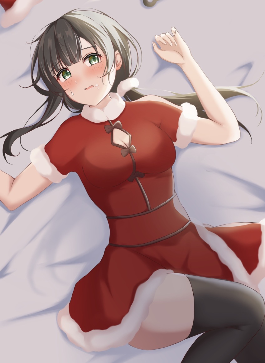 1girl, 7-mzk, assault_lily, bed_sheet, black_hair, black_thighhighs, blunt_bangs, blush