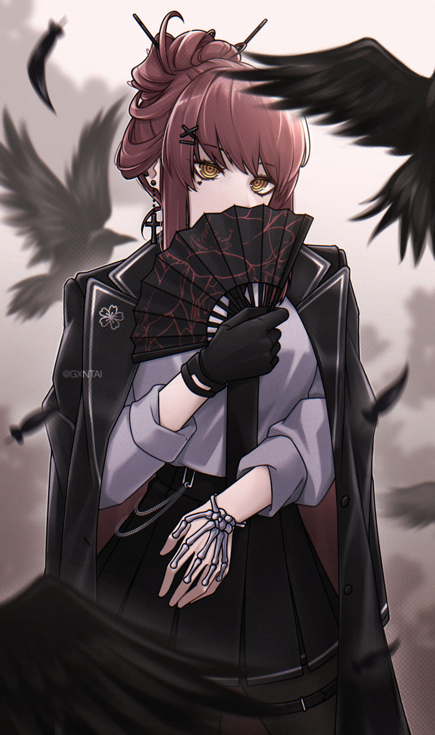 1girl, absurdres, bird, black_coat, black_gloves, black_necktie, black_skirt, bone_bracelet, chainsaw_man, coat, coat_on_shoulders, commentary, covering_own_mouth, cross, cross_earrings, cross_hair_ornament, crow, earrings, english_commentary, feathers, gantai-_(gxntai), gloves, goth_fashion, hair_ornament, hair_stick, hairpin, hand_fan, heart, highres, holding, holding_fan, jewelry, looking_at_viewer, makima_(chainsaw_man), necktie, red_hair, ringed_eyes, shirt, sidelocks, single_glove, skirt, solo, white_shirt, yellow_eyes