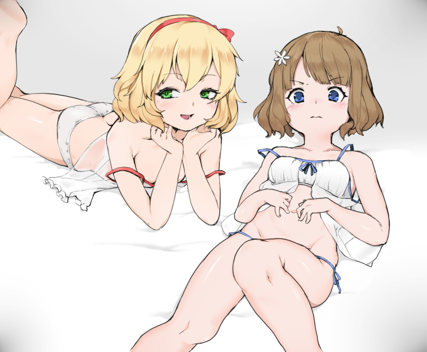 2girls, ahoge, ass, barefoot, bed, bed_sheet, blonde_hair, blue_eyes, blush, breasts, brown_hair, camisole, check_commentary, collarbone, commentary_request, flower, green_eyes, hair_between_eyes, hair_flower, hair_ornament, hairband, half-closed_eyes, hands_on_own_stomach, head_on_hand, idolmaster, idolmaster_cinderella_girls, idolmaster_million_live!, leg_up, legs, linnkou, looking_at_viewer, lying, multiple_girls, navel, on_back, on_bed, on_stomach, open_mouth, panties, red_hairband, sakurai_momoka, seductive_smile, see-through_clothes, see-through_camisole, short_hair, side-tie_panties, sidelocks, small_breasts, smile, stomach, strap_slip, string_panties, suou_momoko, thighs, underwear, v-shaped_eyebrows, wavy_hair, wavy_mouth, white_camisole, white_panties