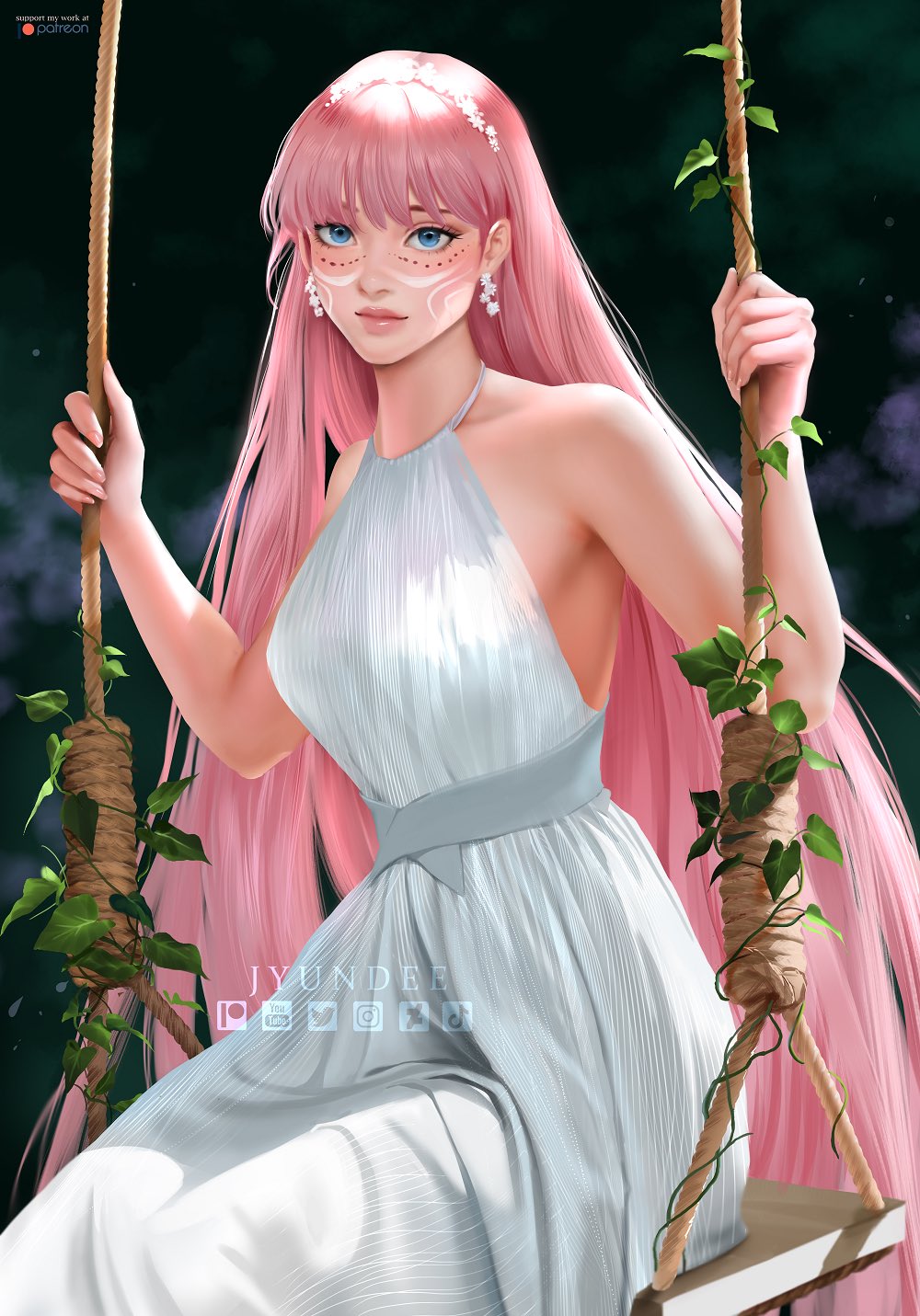 1girl, bare_shoulders, belle_(ryuu_to_sobakasu_no_hime), blue_eyes, commentary, deviantart_logo, dress, earrings