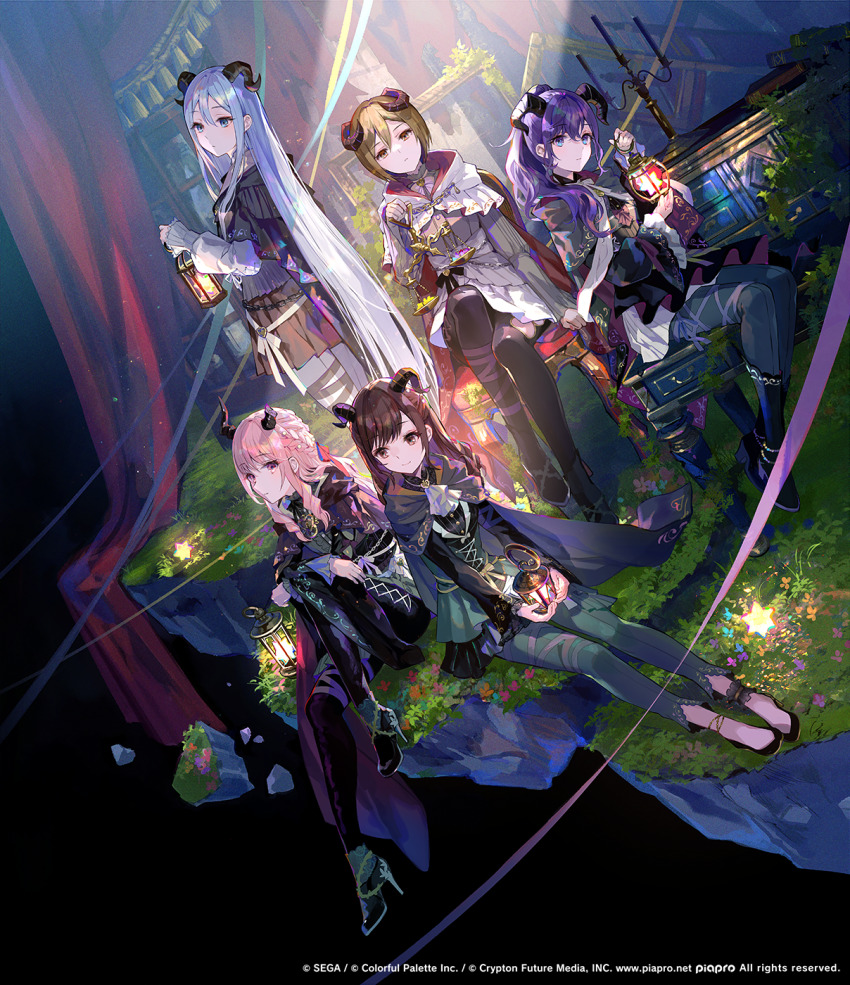 1other, 25-ji_meiko, 4girls, akiyama_mizuki, album_cover, asahina_mafuyu, balance_scale, blue_eyes, boku_no_ashiato_kimi_no_yukusaki_(project_sekai), braid, brown_eyes, brown_hair, candlestand, commentary, cover, dutch_angle, fuzichoco, hair_between_eyes, high_heels, highres, horns, lantern, long_hair, looking_at_viewer, lower_(vocaloid), meiko_(vocaloid), multiple_girls, pink_eyes, pink_hair, pleated_skirt, project_sekai, purple_eyes, purple_hair, shinonome_ena, short_hair, sitting, skirt, tricologe_(vocaloid), weighing_scale, white_hair, yoisaki_kanade