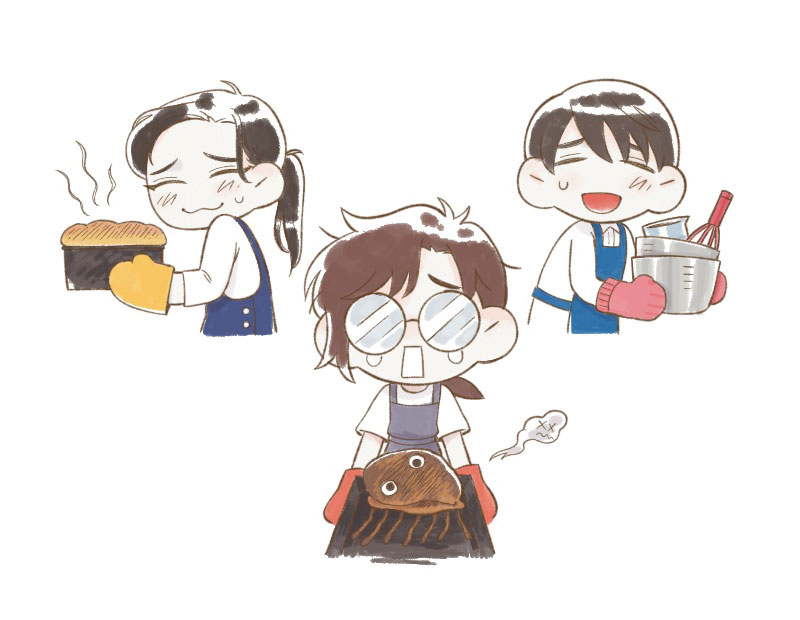 1boy, 2girls, apron, bad_food, black_hair, blush, bowl, bread
