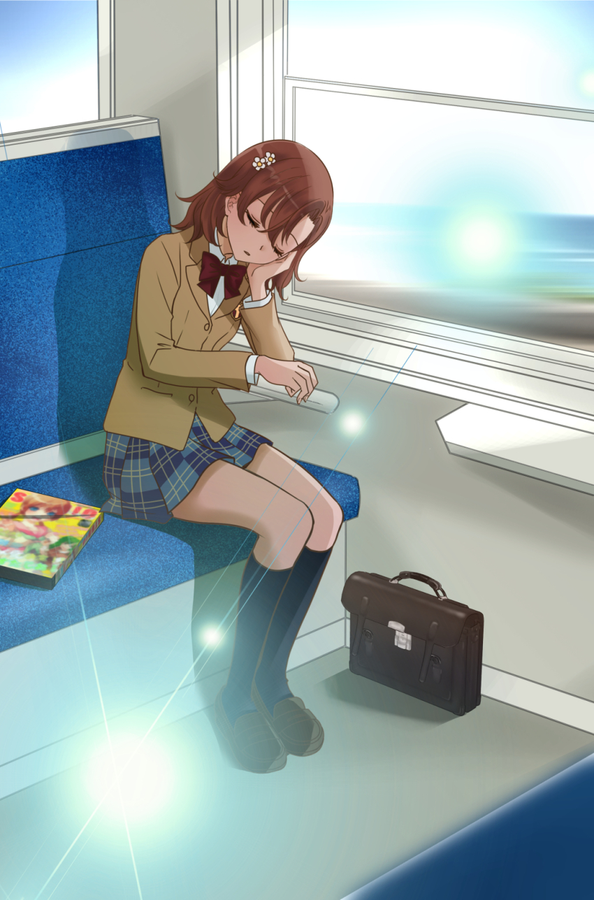 1girl, 2023, 20s, black_socks, blazer, bow, bowtie, briefcase
