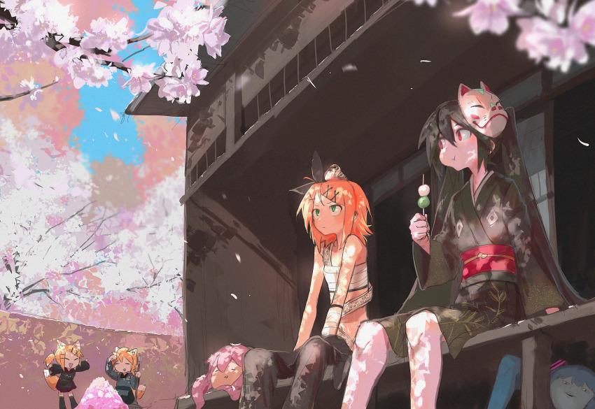 1boy, 4girls, animal, animal_ears, animal_on_head, architecture, arm_support, arm_up