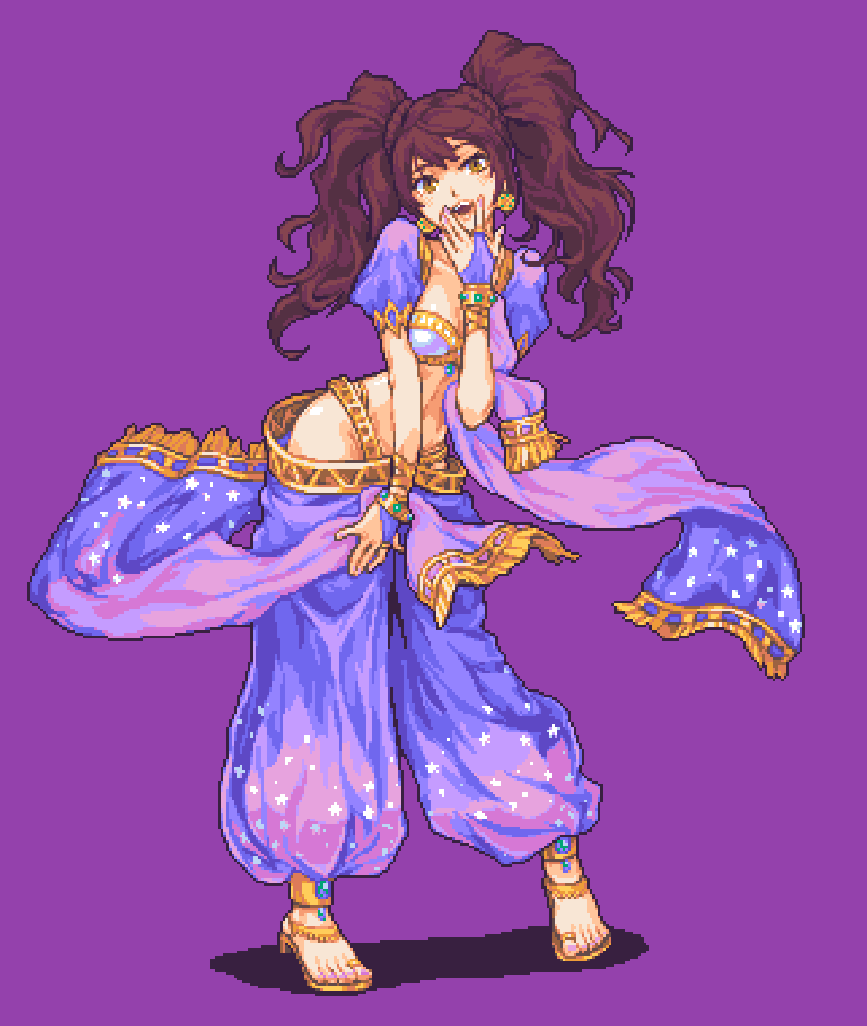 1girl, arabian_clothes, bracelet, bridal_gauntlets, brown_eyes, brown_hair, dancer, earrings, glaceo, high_heel_sandals, high_heels, jewelry, kujikawa_rise, looking_at_viewer, open_mouth, persona, persona_4, persona_4:_dancing_all_night, persona_dancing, pixel_art, puffy_short_sleeves, puffy_sleeves, purple_background, sandals, short_sleeves, solo, twintails