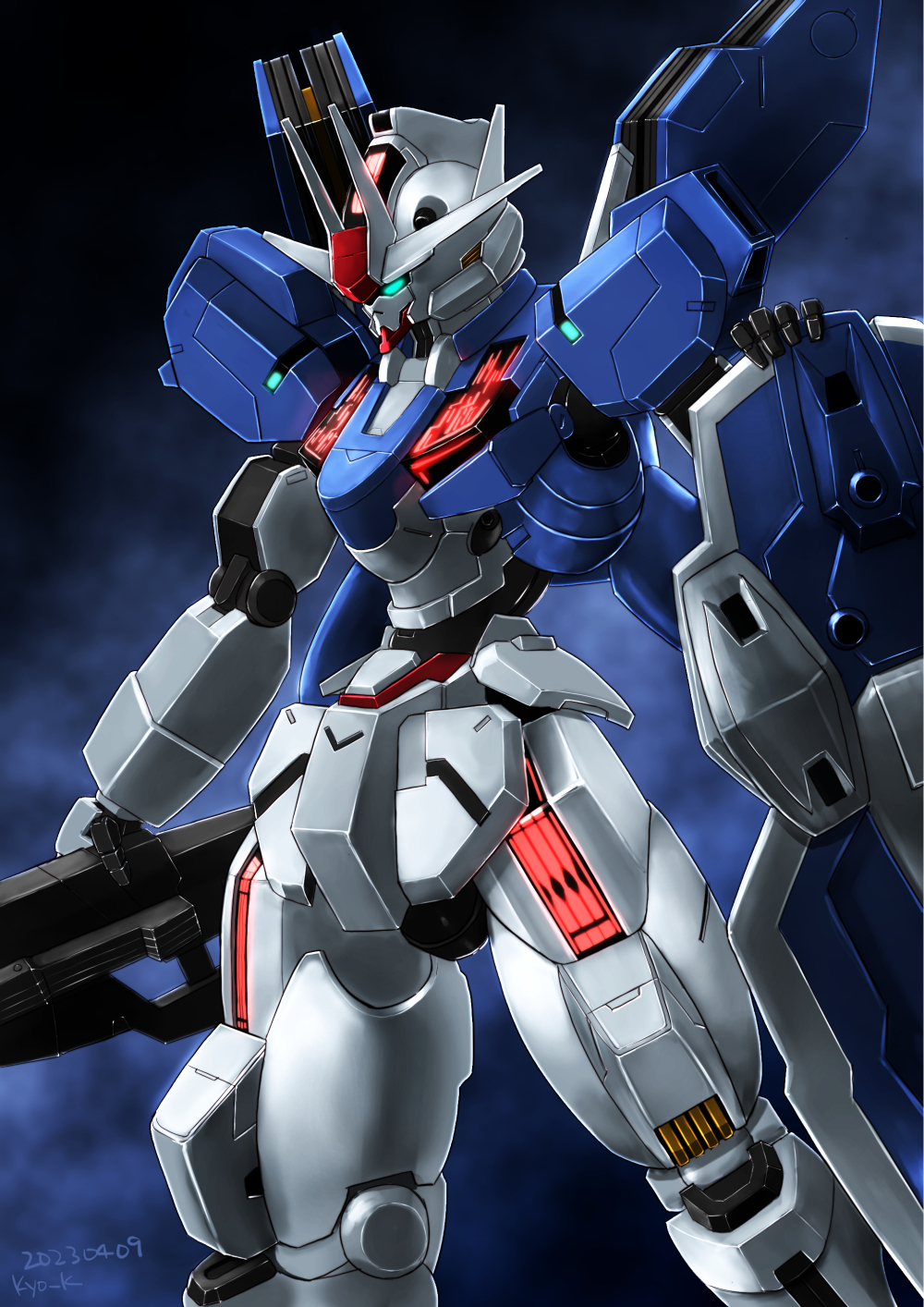 aqua_eyes, artist_name, beam_rifle, dark_background, dated, energy_gun, glowing, glowing_eyes, gun, gundam, gundam_aerial_rebuild, gundam_suisei_no_majo, highres, holding, holding_gun, holding_shield, holding_weapon, kyo_k, mecha, no_humans, robot, shield, solo, standing, upper_body, v-fin, weapon