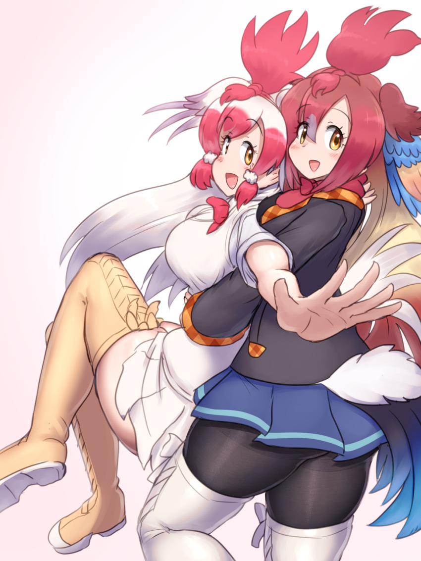 2girls, :d, absurdres, arm_around_another's_waist, arms_up, ass, bikini, bird_girl