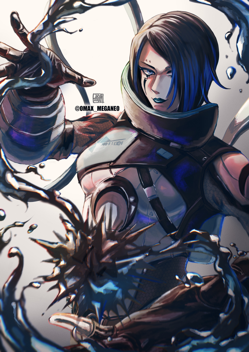 1girl, absurdres, apex_legends, black_gloves, black_hair, blue_eyes, blue_hair, blue_lips, bodysuit, breasts, catalyst_(apex_legends), clothing_cutout, eyebrow_piercing, face_piercing, gloves, grey_background, grey_bodysuit, hair_over_one_eye, highres, liquid, looking_at_viewer, medium_breasts, megane_(0max_megane0), multicolored_hair, one_eye_covered, open_hands, piercing, short_hair, shoulder_cutout, smile, solo, streaked_hair, upper_body