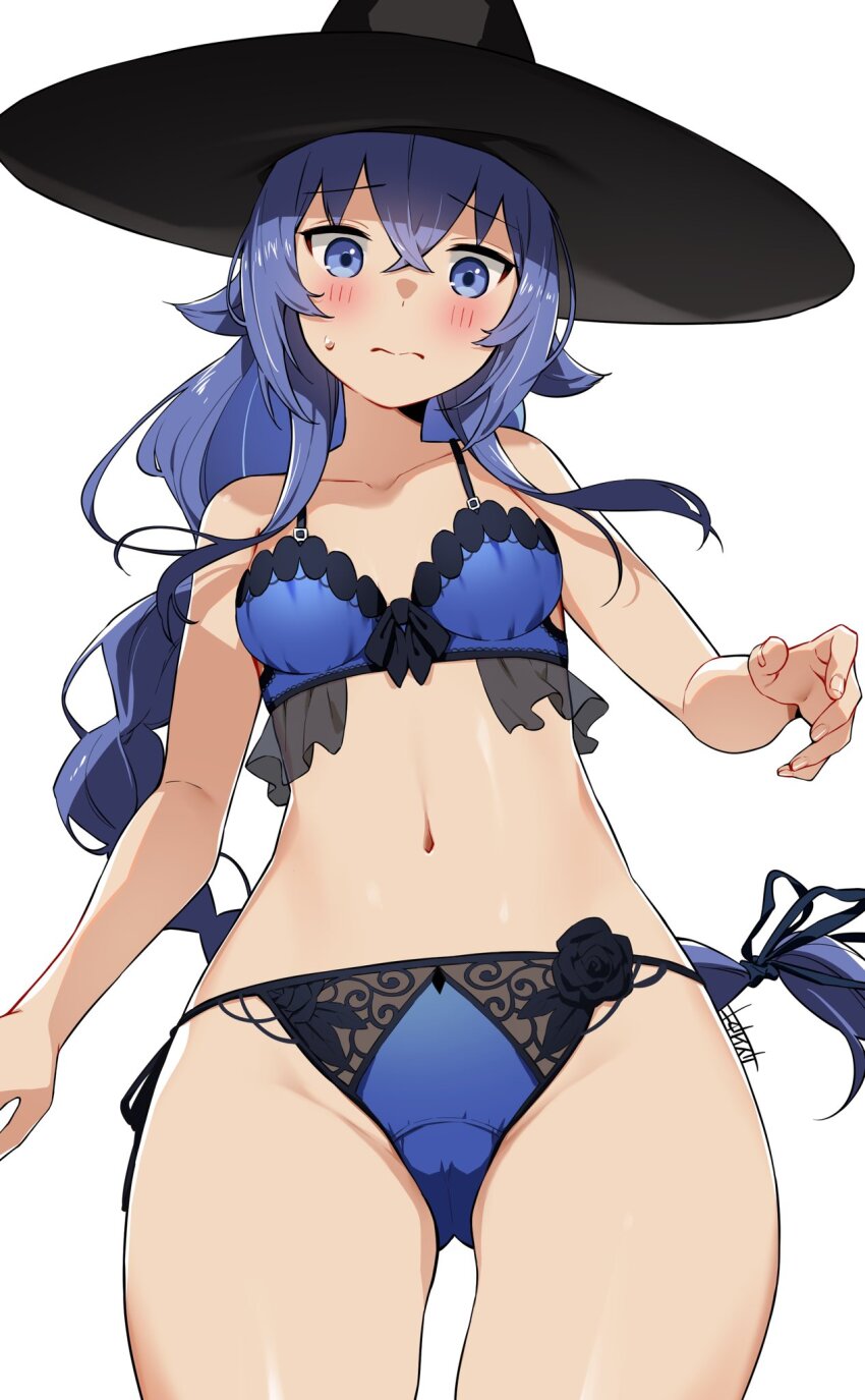 bare_arms, bare_legs, bare_shoulders, bikini, blue_bikini, blue_bra, blue_eyes, blue_hair