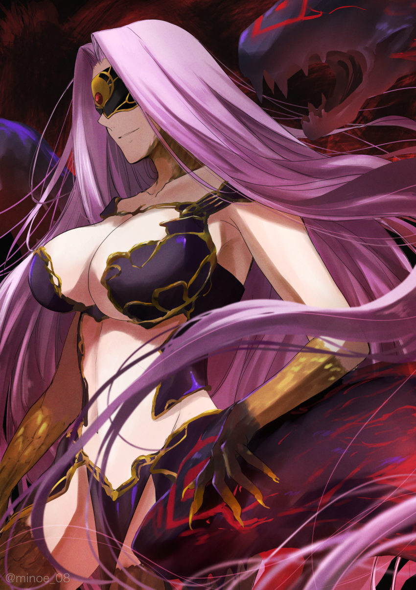 1girl, absurdres, blindfold, breasts, bustier, claws, cleavage, covered_eyes, fate/grand_order, fate_(series), gorgon_(fate), highres, large_breasts, long_hair, medusa_(fate), minoe08, monster_girl, navel, purple_hair, revealing_clothes, rider, scales, smile, snake, snake_hair, solo, very_long_hair