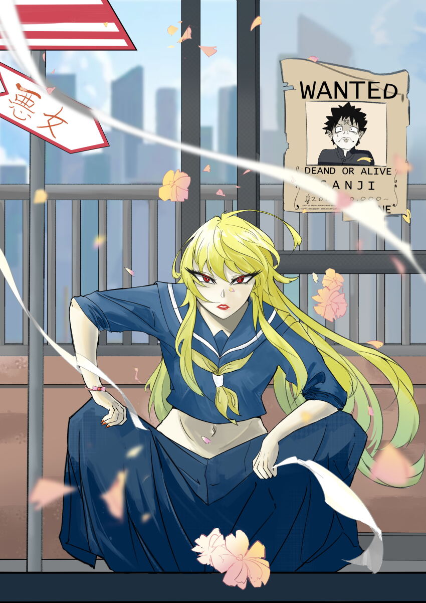 1girl, absurdres, blonde_hair, blprint, blue_serafuku, bracelet, delinquent, highres