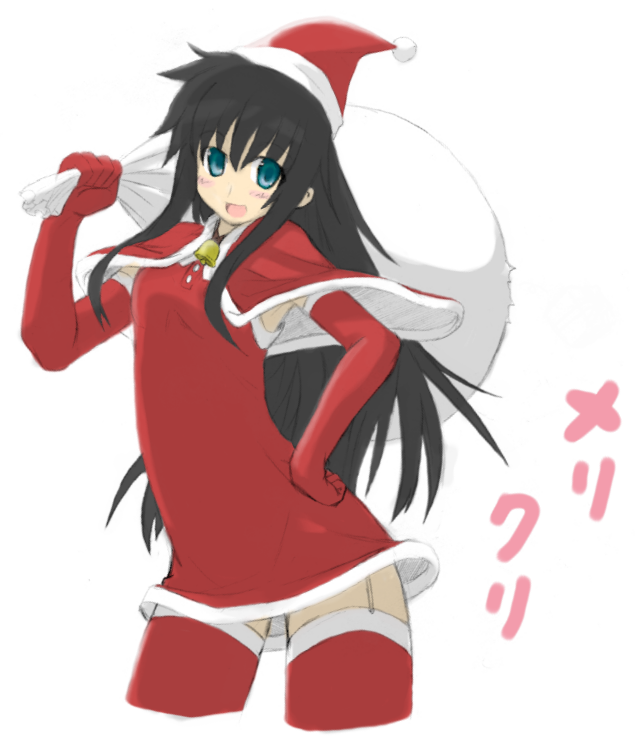 1girl, armpits, artist_request, black_hair, blue_eyes, female_focus, garter_straps, gender_request, genderswap, hat, kamijou, kamijou_touma, long_hair, santa_costume, solo, thighhighs, toaru_majutsu_no_index, touko, white_background