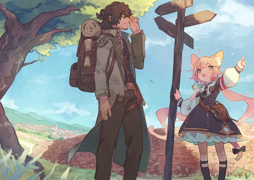 1boy, 1girl, animal_ear_fluff, animal_ears, backpack, bag, black_bow, black_dress