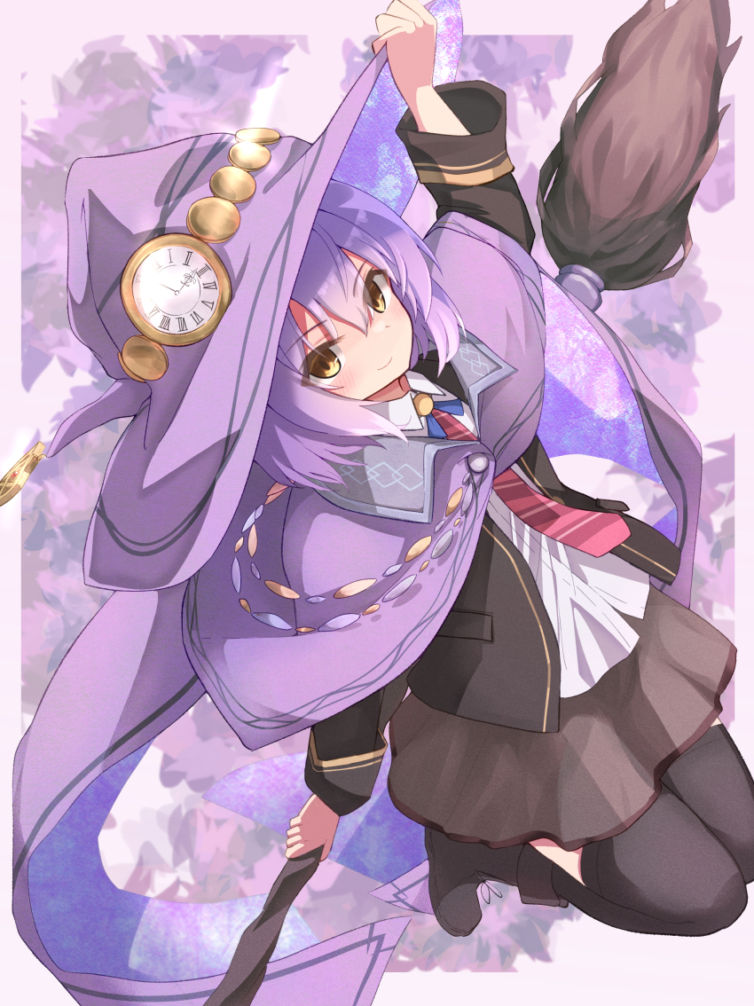 1girl, absurdres, adjusting_clothes, adjusting_headwear, arm_up, blazer, boots, broom, broom_riding, brown_jacket, brown_skirt, clock_hat_ornament, cmo_2kr, estelle_(majo_no_tabitabi), full_body, hat_ornament, highres, jacket, majo_no_tabitabi, necktie, purple_hair, purple_headwear, shirt, skirt, smile, solo, thighhighs, white_shirt, yellow_eyes