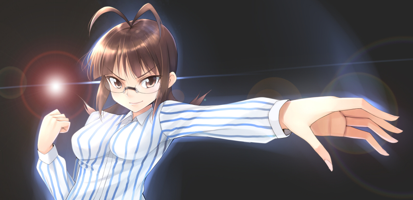 akizuki_ritsuko, antenna_hair, antennae, brown_eyes, brown_hair, glasses, highres, idolmaster