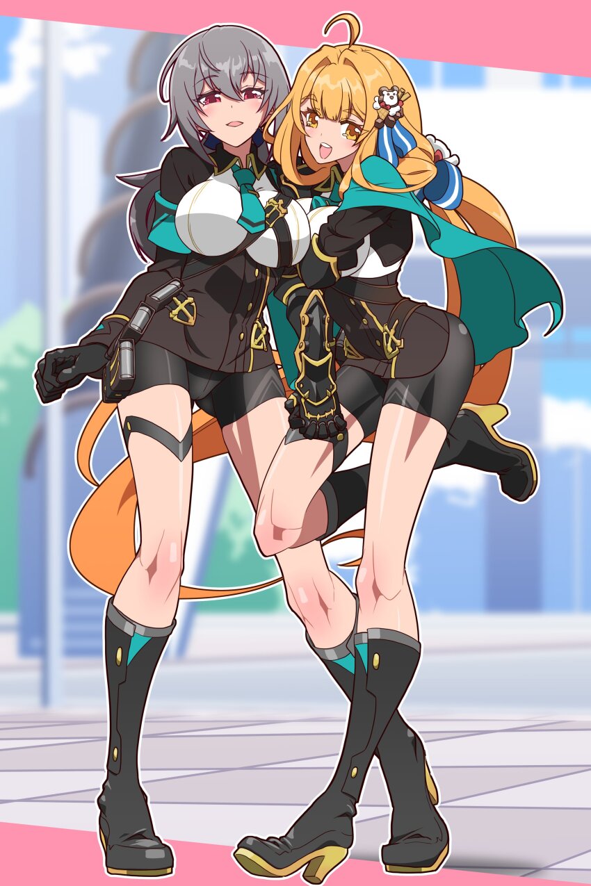 2girls, :d, absurdres, ahoge, alvitr_(honkai_impact), black_footwear, black_gloves, black_jacket, black_shorts, blonde_hair, boots, breasts, brown_eyes, commentary_request, gloves, grey_hair, hair_between_eyes, hair_intakes, high_heel_boots, high_heels, highres, honkai_(series), honkai_impact_3rd, imtmcomics, jacket, knee_boots, large_breasts, long_hair, long_sleeves, looking_at_viewer, multiple_girls, open_mouth, red_eyes, shirt, short_shorts, shorts, smile, standing, standing_on_one_leg, susannah_manatt, susannah_manatt_(immortal_blades_uniform), susannah_manatt_(valkyrie_quicksand), very_long_hair, white_shirt