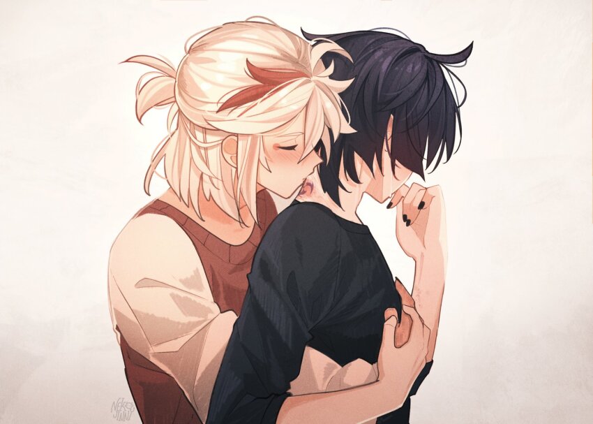 2boys, black_hair, black_nails, black_shirt, brown_sweater, closed_eyes, covered_eyes, eyeliner