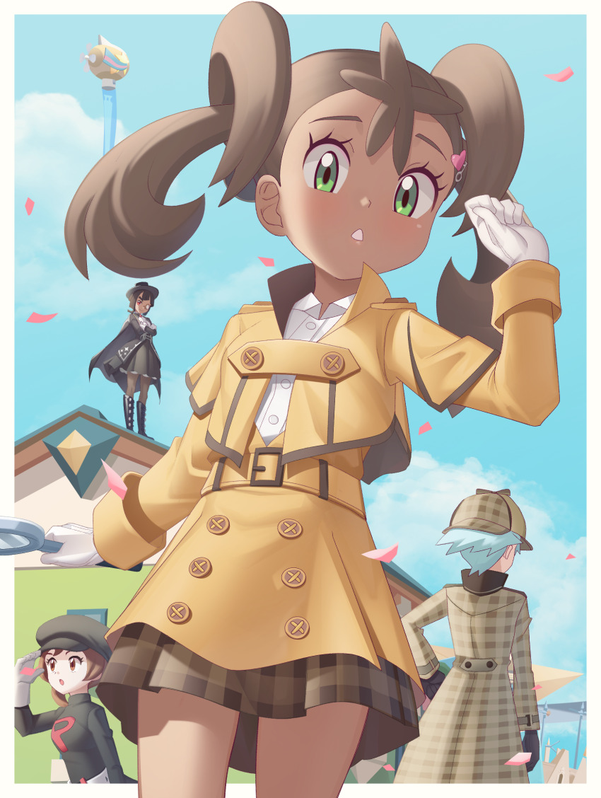 1boy, 3girls, aircraft, belt, border, brown_hair, brown_skirt, building, buttons, cloud, collared_shirt, commentary_request, confetti, day, dirigible, eyelashes, gazing_eye, gloves, green_eyes, hair_ornament, hand_up, heart, heart_hair_ornament, highres, holding, holding_magnifying_glass, jacket, key_hair_ornament, long_sleeves, looking_at_viewer, looking_down, lyra_(pokemon), magnifying_glass, multiple_girls, nintendo, official_alternate_costume, outdoors, parted_lips, plaid_clothes, plaid_skirt, pokemon, pokemon_heartgold_and_soulsilver, pokemon_masters_ex, shauna_(pokemon), shauna_(special_costume)_(pokemon), shirt, skirt, sky, steven_stone, steven_stone_(special_costume), team_rocket, team_rocket_uniform, teetth, twintails, white_border, white_gloves, white_shirt, yellow_belt, yellow_jacket, yellow_skirt, zinnia_(pokemon), zinnia_(special_costume)_(pokemon)