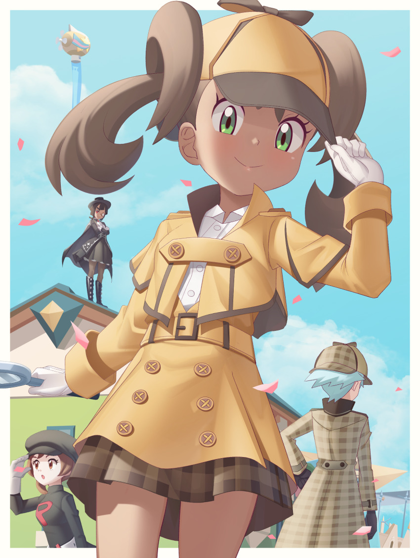 1boy, 3girls, aircraft, belt, border, brown_hair, brown_skirt, building, buttons, closed_mouth, cloud, collared_shirt, commentary_request, confetti, day, dirigible, eyelashes, gazing_eye, gloves, green_eyes, hand_up, hat, highres, holding, holding_magnifying_glass, jacket, long_sleeves, looking_at_viewer, looking_down, lyra_(pokemon), magnifying_glass, multiple_girls, nintendo, official_alternate_costume, outdoors, plaid_clothes, plaid_skirt, pokemon, pokemon_heartgold_and_soulsilver, pokemon_masters_ex, shauna_(pokemon), shauna_(special_costume)_(pokemon), shirt, skirt, sky, smile, steven_stone, steven_stone_(special_costume), team_rocket, team_rocket_uniform, twintails, white_border, white_gloves, white_shirt, yellow_belt, yellow_headwear, yellow_jacket, yellow_skirt, zinnia_(pokemon), zinnia_(special_costume)_(pokemon)