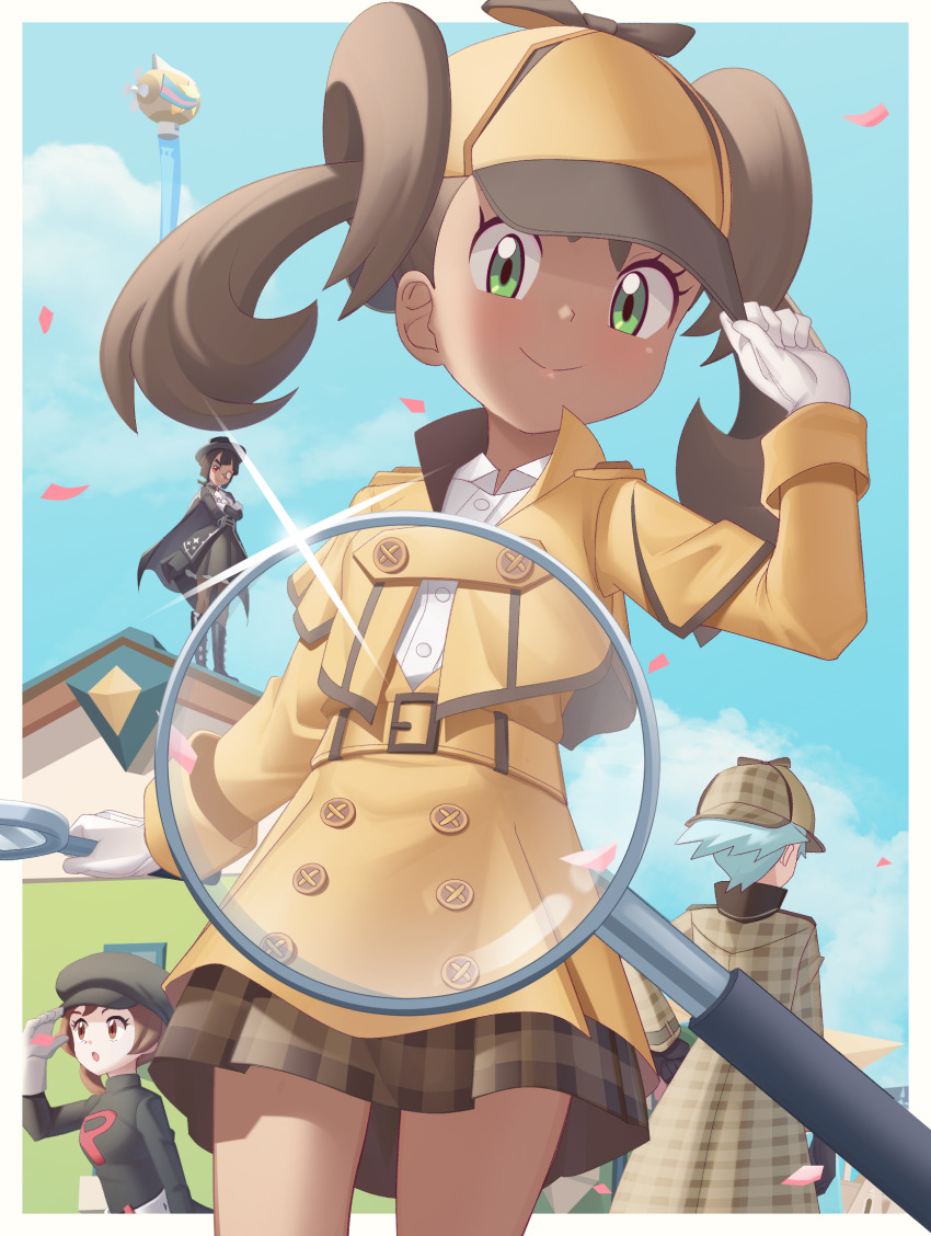 1boy, 3girls, aircraft, belt, border, brown_hair, brown_skirt, building