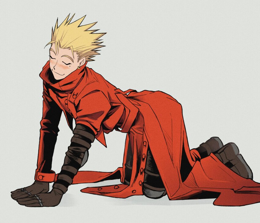 1boy, absurdres, all_fours, belt_buckle, black_gloves, blonde_hair, blush, brown_gloves