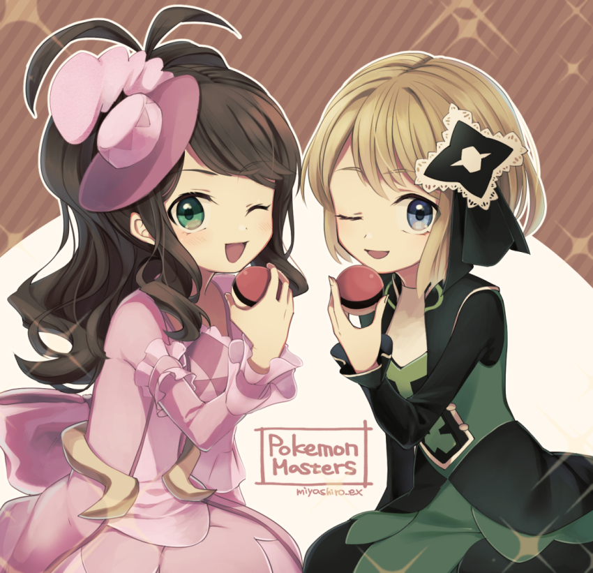 2girls, ;d, antenna_hair, black_ribbon, blonde_hair, brown_hair, commentary_request, copyright_name