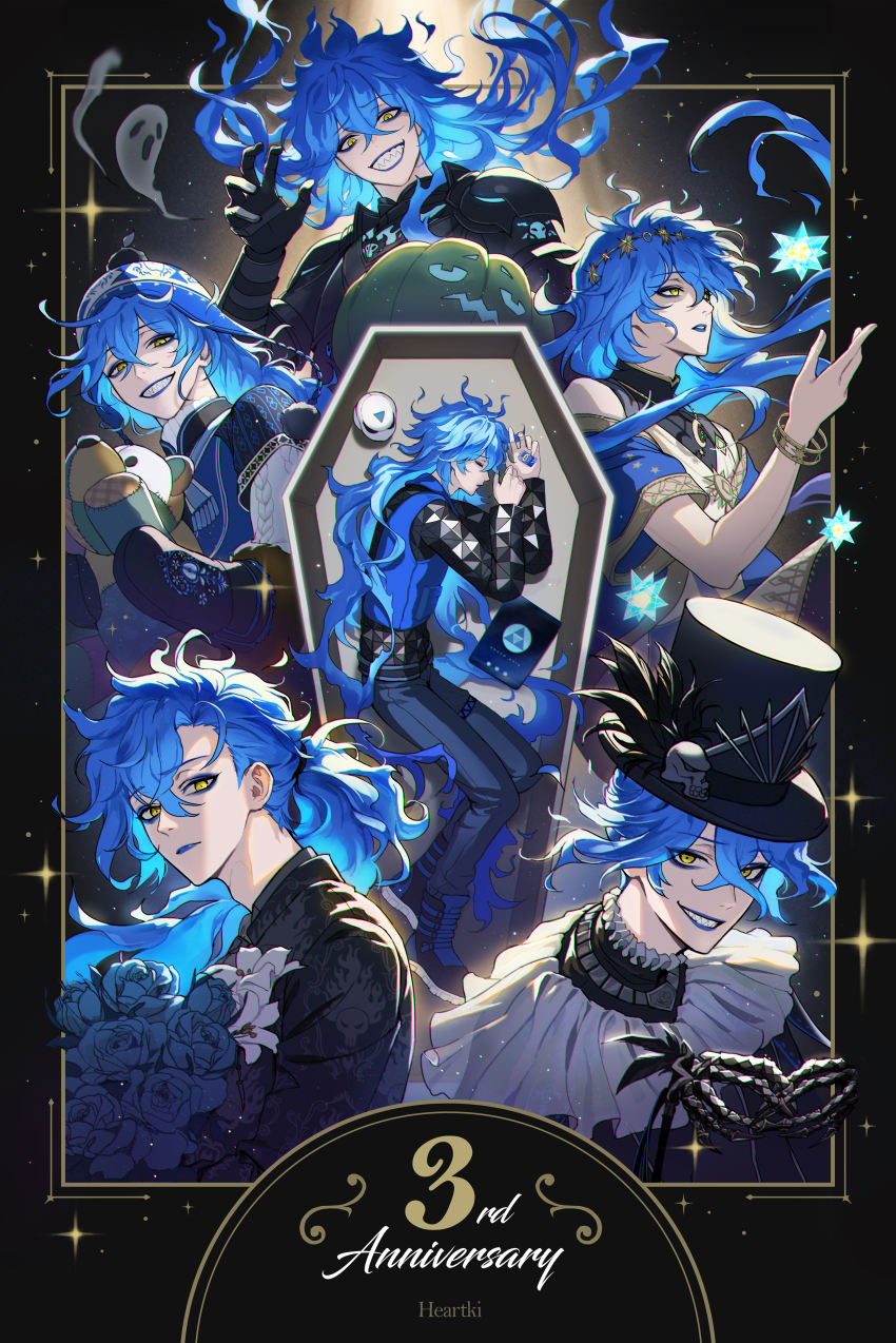 1boy, absurdres, anniversary, artist_name, black_background, black_eyeshadow, black_headwear, black_jacket