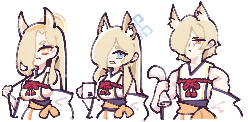 +_+, 1boy, 294_(ranaga), 2girls, alternate_costume, animal_ear_fluff, animal_ears, arknights, blue_archive, blue_eyes, breasts, chibi, commentary_request, cosplay, crossdressing, crossover, cup, detached_sleeves, dog_boy, dog_ears, dog_girl, fox_ears, fox_girl, hair_over_one_eye, halo, highres, holding, holding_cup, holding_newspaper, japanese_clothes, kaho_(blue_archive), kaho_(blue_archive)_(cosplay), kanna_(blue_archive), light_brown_hair, long_hair, long_sleeves, look-alike, looking_at_another, looking_at_viewer, medium_breasts, medium_hair, mlynar_(arknights), mole, mole_under_mouth, mug, multiple_girls, newspaper, orange_eyes, rope, sharp_teeth, shimenawa, sideboob, sidelocks, simple_background, sketch, teeth, thick_eyebrows, trait_connection, white_background, wide_sleeves