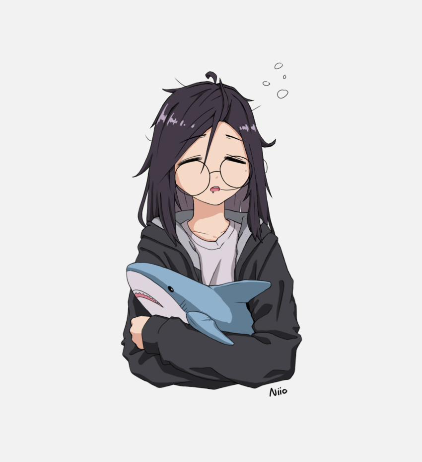 1boy, androgynous, artist_name, artist_self-insert, black_hoodie, closed_eyes, commentary, cropped_torso, drooling, feminine, highres, hood, hoodie, ikea_shark, messy_hair, niio_(niiochi), niio_(niiochi)_(person), original, round_eyewear, signature, sleeping, sleeping_upright, solo, stuffed_animal, stuffed_shark, stuffed_toy, untranslatable_commentary, upper_body