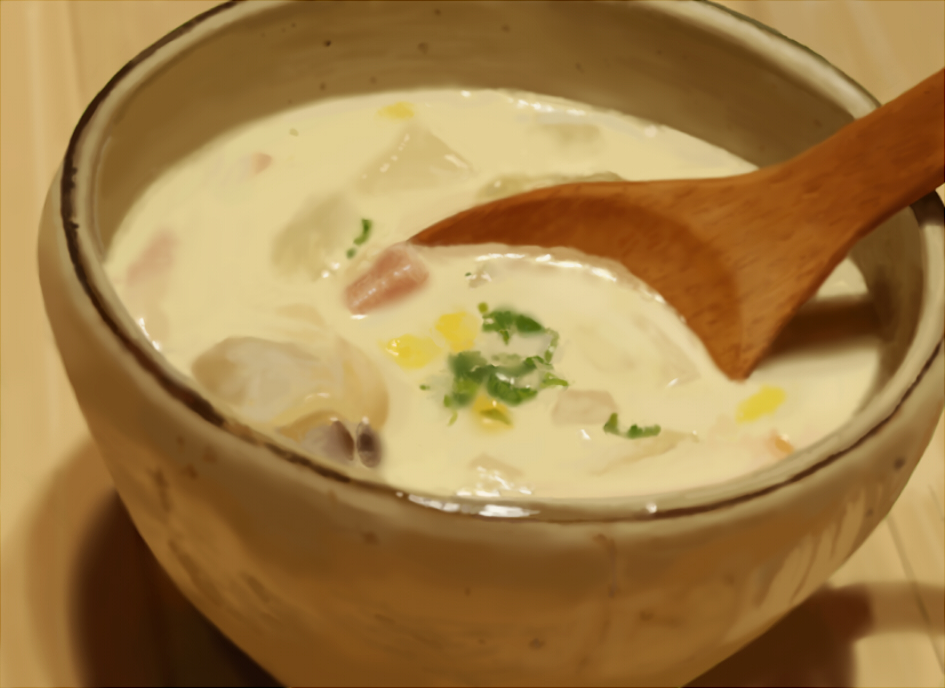 bowl, chowder_(food), food, food_focus, jiji_(kbj0225), no_humans, original, shadow, spoon, still_life
