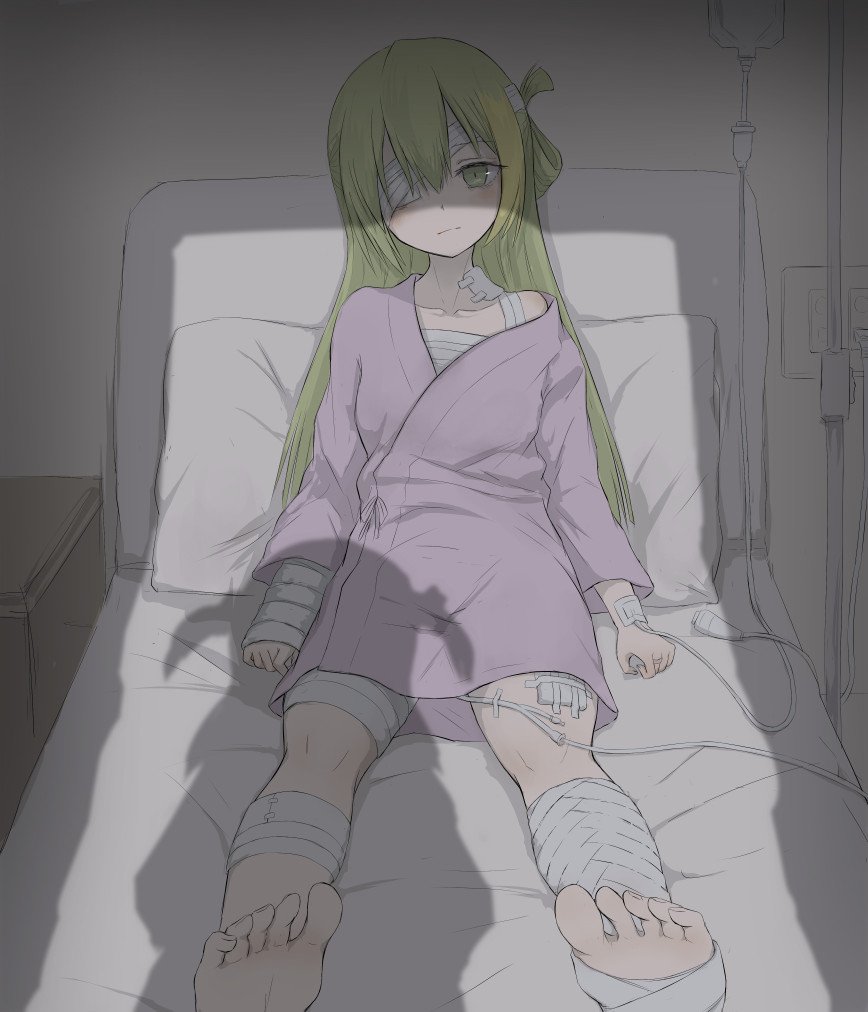 1girl, alina_gray, alina_gray_(hospital_gown), bandage_over_one_eye, bandaged_arm, bandaged_chest, bandaged_leg, bandages