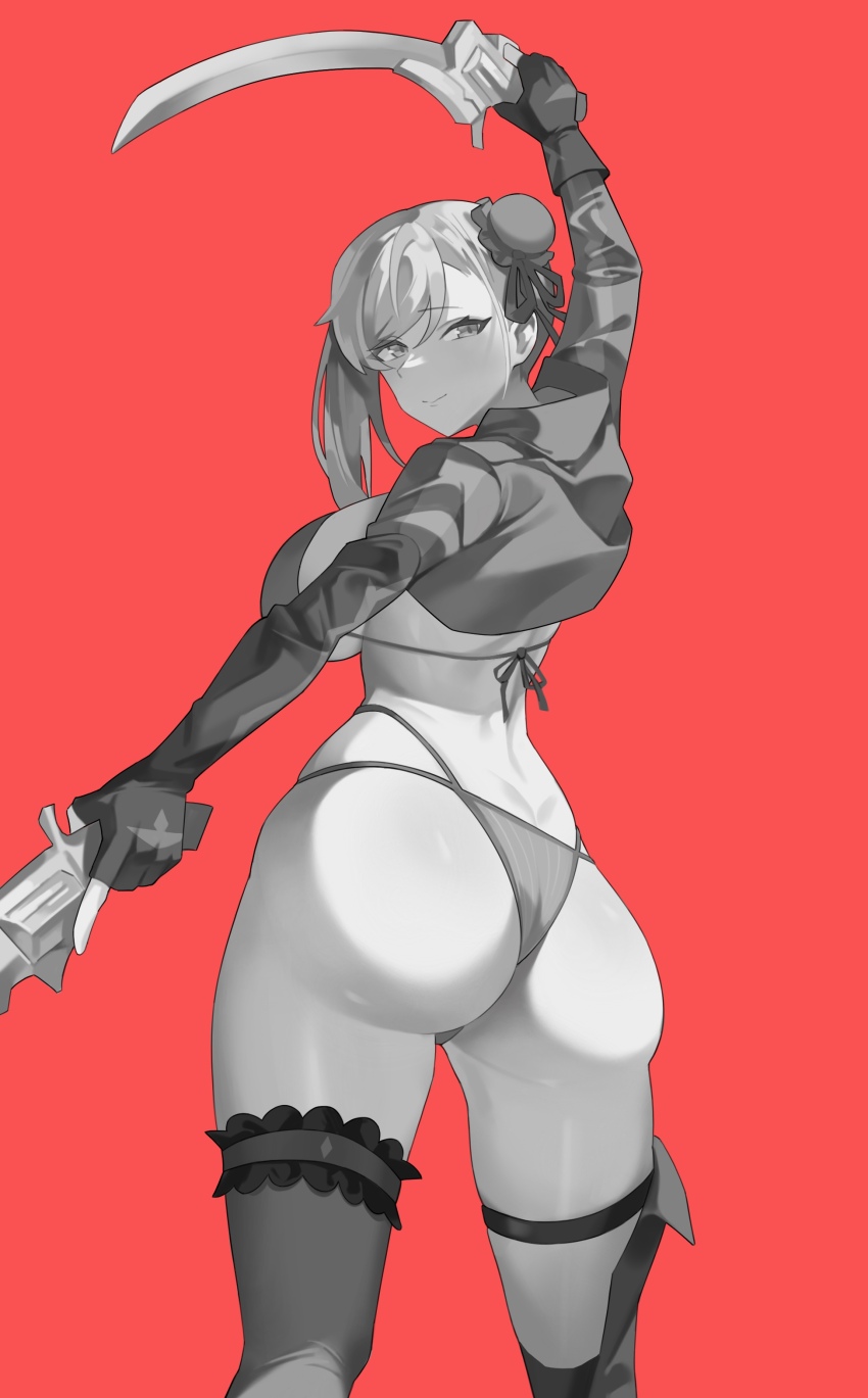 1girl, absurdres, ass, asymmetrical_gloves, asymmetrical_legwear, bikini, breasts, bun_cover