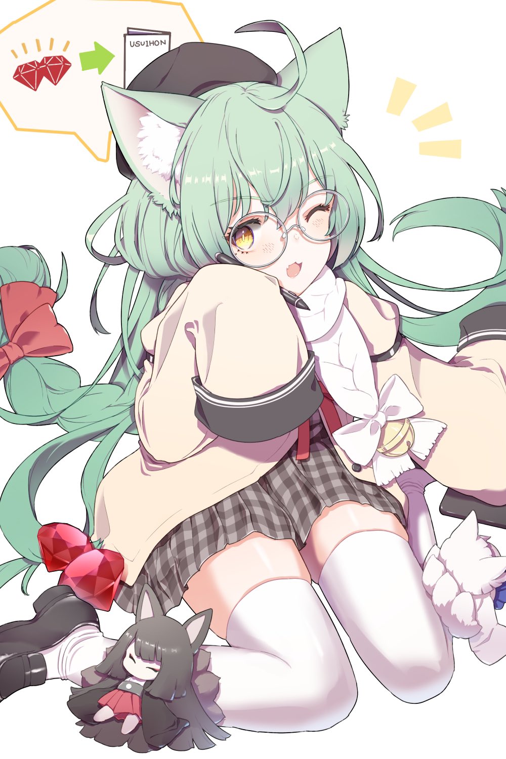 1girl, ahoge, akagi_(azur_lane), akashi_(azur_lane), akashi_(welcome_to_azurcon!)_(azur_lane), akimaru_m, animal_ear_fluff, animal_ears, azur_lane, bell, beret, braid, brown_jacket, cat_ears, character_doll, doll, fox_girl, gem, gem_(azur_lane), glasses, green_hair, hair_ribbon, hat, highres, jacket, kaga_(azur_lane), long_hair, long_sleeves, one_eye_closed, open_mouth, pen, ribbon, round_eyewear, scarf, simple_background, sitting, sleeves_past_fingers, sleeves_past_wrists, thighhighs, very_long_hair, wariza, white_background, white_thighhighs, yellow_eyes, zettai_ryouiki