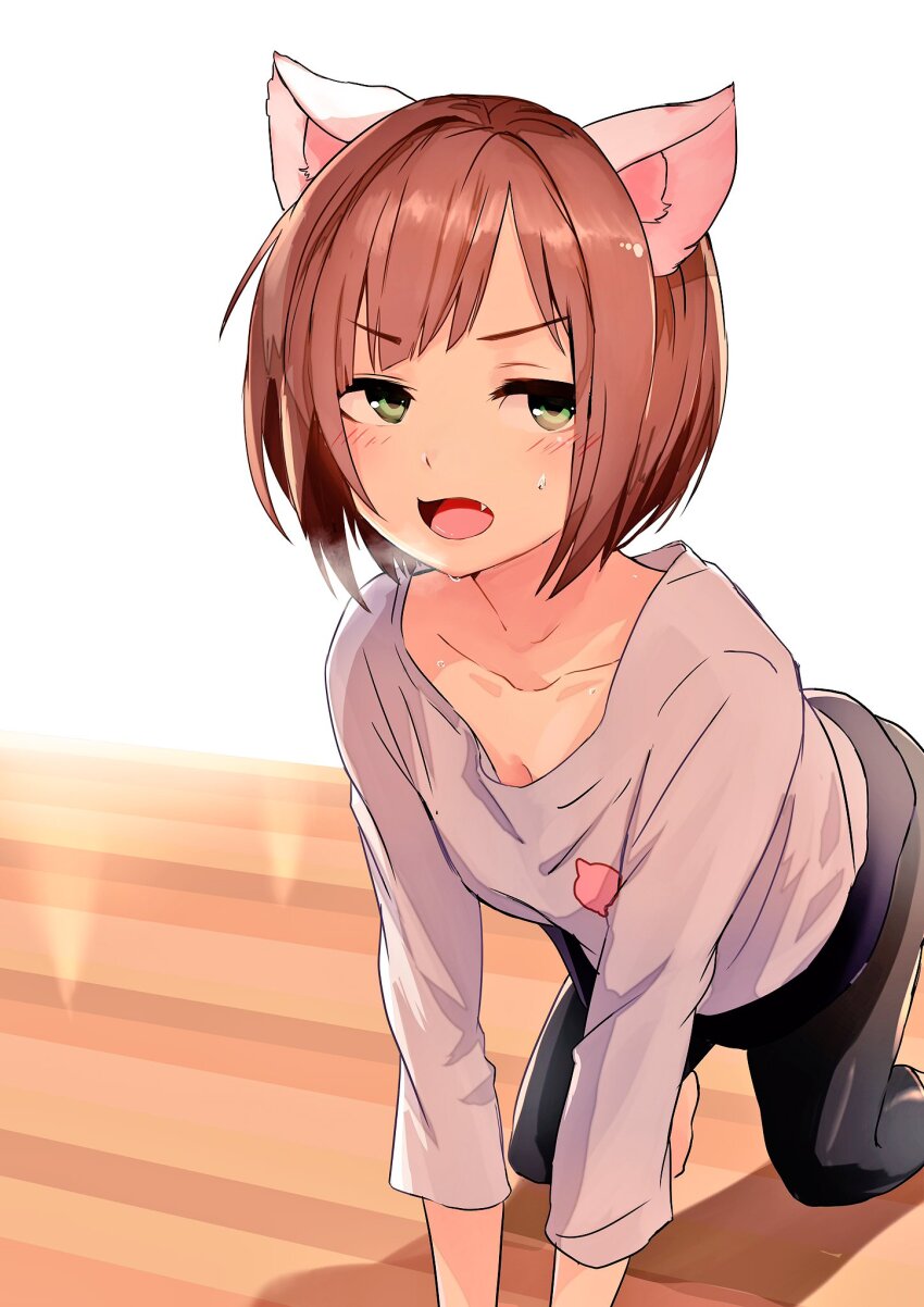 1girl, all_fours, animal_ears, black_pants, blush, breasts, brown_hair, cat_ears, cleavage, collarbone, exhausted, fang, greatpengh, green_eyes, grey_shirt, heavy_breathing, highres, idolmaster, idolmaster_cinderella_girls, idolmaster_cinderella_girls_starlight_stage, indoors, long_sleeves, looking_at_another, maekawa_miku, medium_breasts, open_mouth, pants, shirt, short_hair, solo, sweat, wooden_floor