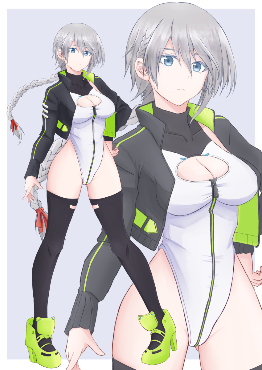 1girl, absurdres, adelaide_bluthausen, alice_gear_aegis, black_jacket, black_thighhighs, blue_eyes, bow