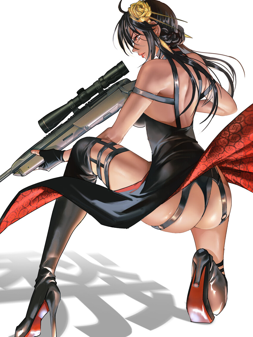 1girl, absurdres, ass, back, bare_shoulders, black_dress, black_gloves, black_panties, boots, breasts, chinese_text, dress, earrings, fingerless_gloves, floating_hair, floral_print, flower, from_side, full_body, garter_straps, gloves, gold, gold_earrings, gun, hair_flower, hair_ornament, hehuolige, high_heel_boots, high_heels, highres, holding, holding_gun, holding_weapon, jewelry, kneeling, large_breasts, legs, lips, long_hair, panties, parted_lips, red_eyes, rifle, rose_print, scope, shadow, sidelocks, simple_background, sniper_rifle, spikes, spy_x_family, thigh_boots, thighs, two-sided_dress, two-sided_fabric, underwear, weapon, white_background, yor_briar