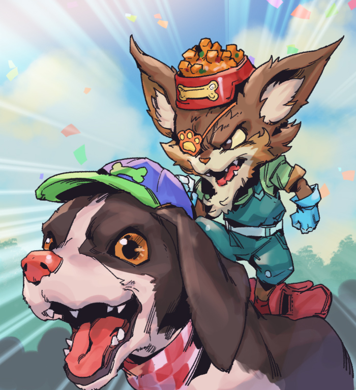 1boy, animal, belt, blue_gloves, body_fur, bowl, brown_eyes, brown_fur, clenched_hand, cloud, dog, eyepatch, food, gloves, green_pants, kibble-head_kled, kled, league_of_legends, official_alternate_costume, open_mouth, outdoors, pants, phantom_cross, plaid_clothes, plaid_scarf, pointy_ears, red_scarf, scarf, skaarl, teeth, tongue, white_belt, yordle