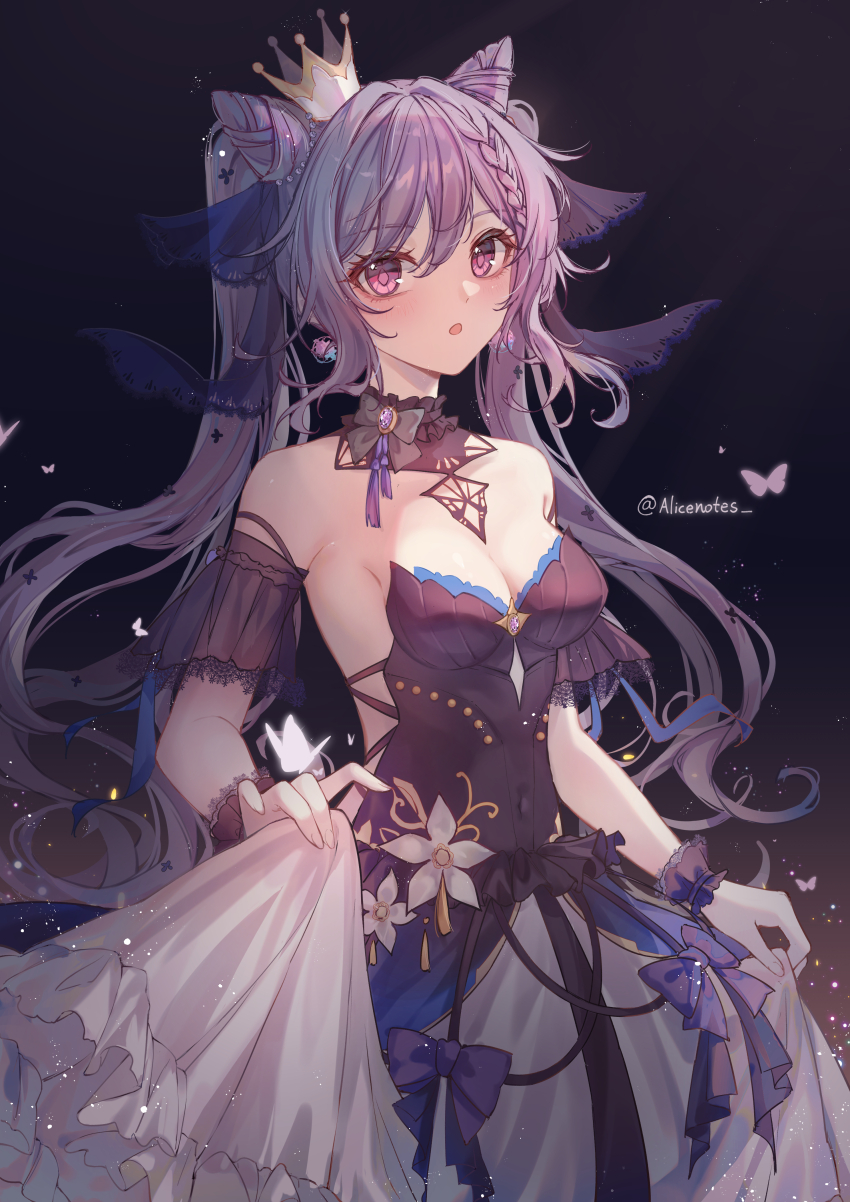 1girl, absurdres, adapted_costume, artist_name, bare_shoulders, black_background, black_bow, black_choker, black_dress, bow, braid, breasts, brooch, bug, butterfly, choker, cleavage, clothing_cutout, commentary_request, cone_hair_bun, covered_navel, crown, crown_of_insight, double_bun, dress, earrings, floating_hair, flower, frilled_choker, frilled_dress, frills, gem, genshin_impact, gradient_background, hair_between_eyes, hair_bun, hair_intakes, hair_ornament, highres, holding_own_dress, insect, intertwined_fate, jewelry, keqing_(genshin_impact), keqing_(opulent_splendor)_(genshin_impact), lace_trim, lixiang_guo_alice, long_dress, long_hair, looking_at_viewer, medium_breasts, mini_crown, open_mouth, purple_eyes, purple_gem, purple_hair, single_braid, solo, strapless, strapless_dress, twintails, twitter_username, white_flower