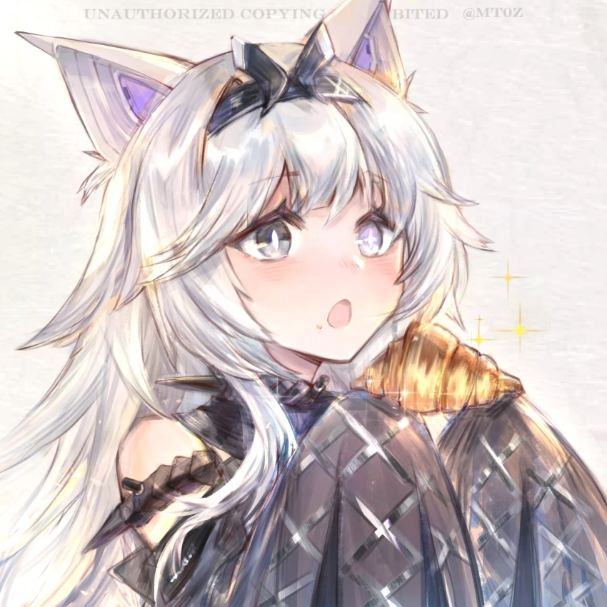 1girl, animal_ears, armlet, bare_shoulders, black_eyes, black_hairband, croissant, cross-shaped_pupils, detached_sleeves, fake_animal_ears, food, grey_eyes, grey_hair, hairband, heterochromia, highres, holding, holding_food, jewelry, mt0z, no._21:_feral_(pgr), no._21_(pgr), open_mouth, punishing:_gray_raven, sidelocks, sleeves_past_fingers, sleeves_past_wrists, symbol-shaped_pupils