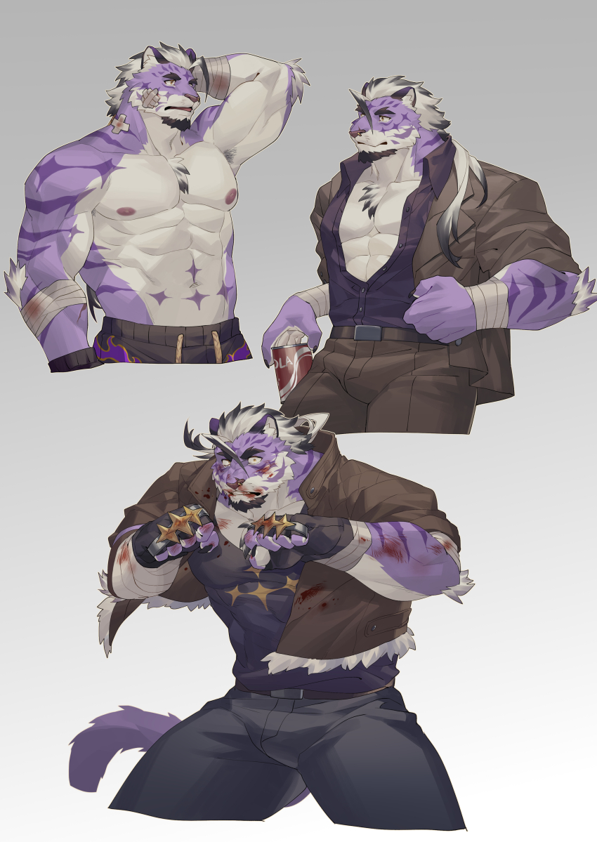 1boy, abs, absurdres, animal_ears, arm_behind_head, armpit_hair, bandaged_arm, bandages